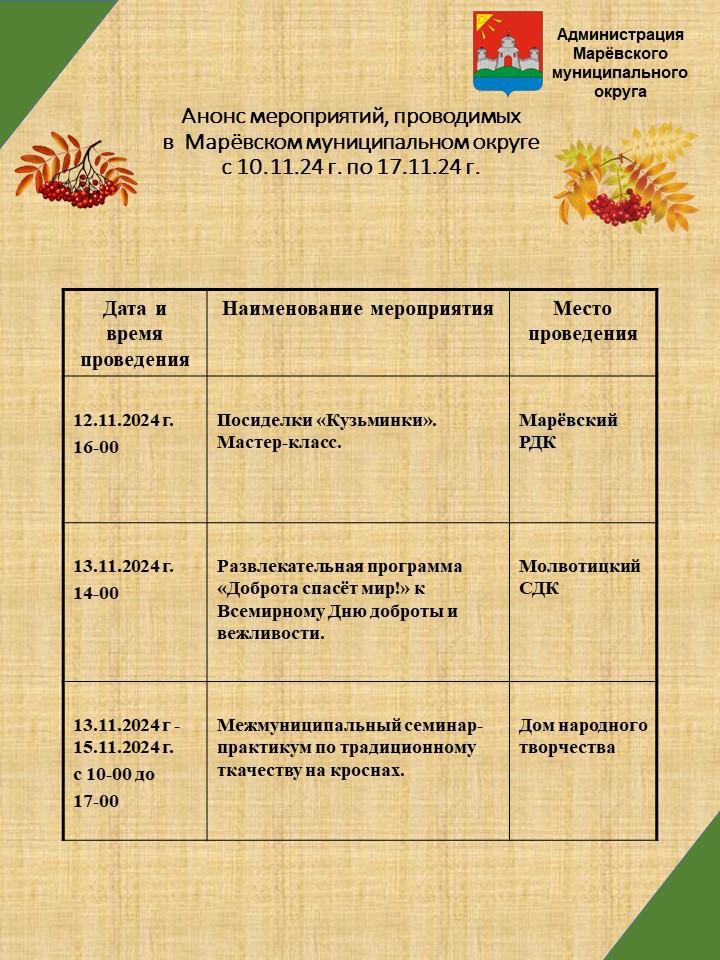 Анонс мероприятий в Марёвском муниципальном округе на следующую неделю с 11.11.24 по 17.11.24 Анонс мероприятий в Марёвском муниципальном округе на следующую неделю с 11.11.24 по 17.11.24.