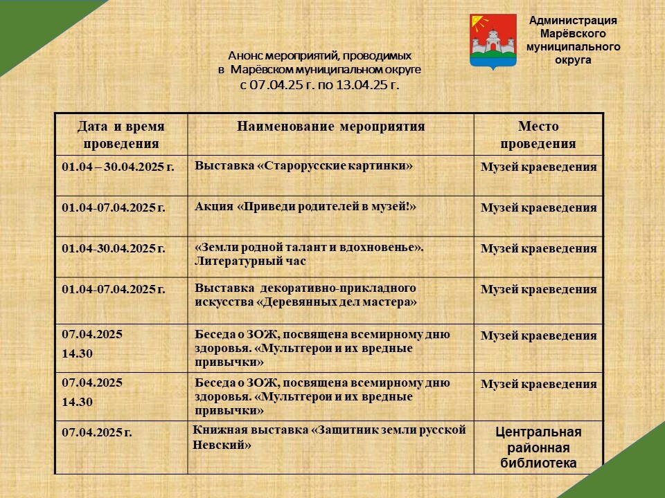 Анонс мероприятий в Марёвском муниципальном округе с 07.04.2025 по 13.04.2025 Анонс мероприятий в Марёвском муниципальном округе с 07.04.2025 по 13.04.2025.