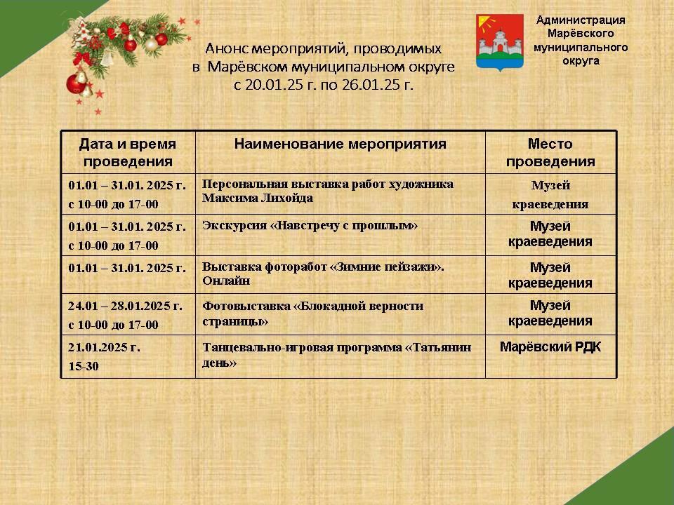 Анонс мероприятий в Марёвском муниципальном округе с 20.01.2025 по 26.01.2025 Анонс мероприятий в Марёвском муниципальном округе с 20.01.2025 по 26.01.2025.