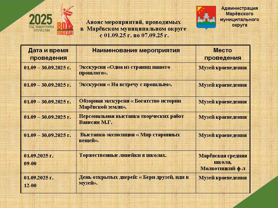 Анонс мероприятий в Марёвском муниципальном округе с 01.09.2025 по 07.09.2025.