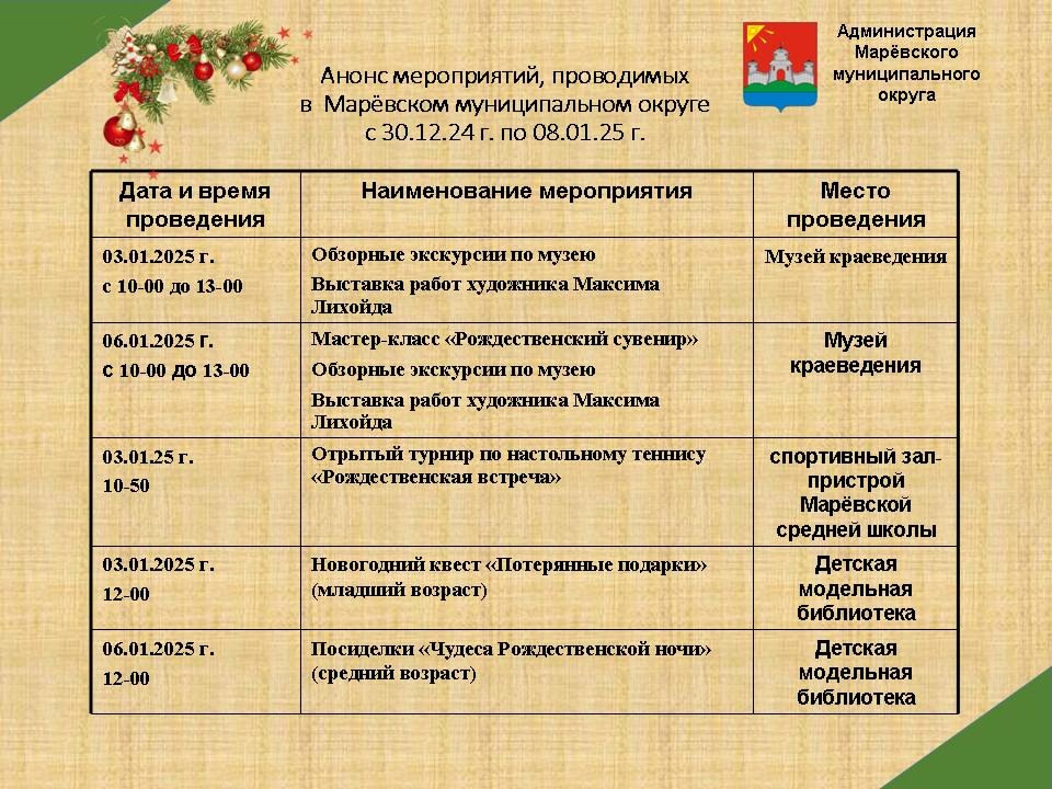 Анонс мероприятий в Марёвском муниципальном округе с 30.12.24 по 08.01.25 Анонс мероприятий в Марёвском муниципальном округе с 30.12.24 по 08.01.25.