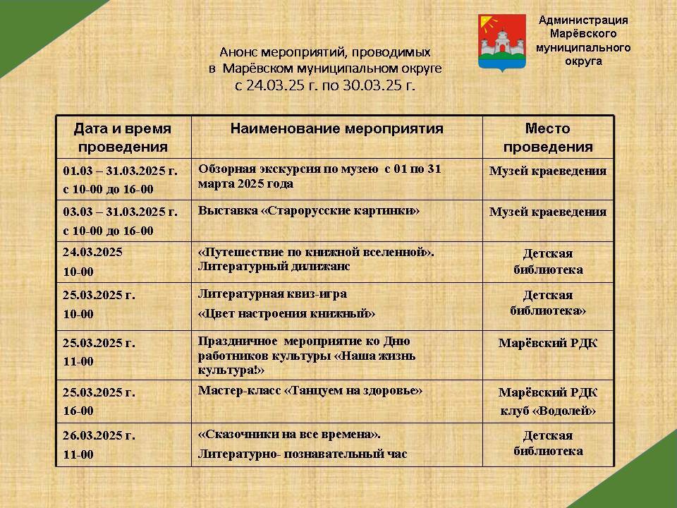 Анонс мероприятий в Марёвском муниципальном округе с 24.03.2025 по 30.03.2025 Анонс мероприятий в Марёвском муниципальном округе с 24.03.2025 по 30.03.2025.