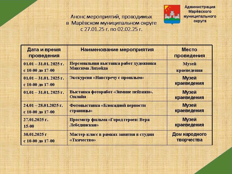 Анонс мероприятий в Марёвском муниципальном округе с 27.01.2025 по 02.02.2025 Анонс мероприятий в Марёвском муниципальном округе с 27.01.2025 по 02.02.2025.
